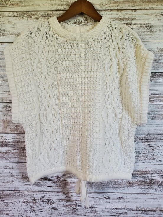 Elan Sweaters - ELAN Sadie Cable Knit Cap Sleeve Crop Sweater Drawstring Cream Ivory White